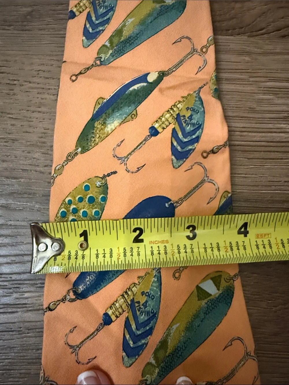 Polo by Ralph Lauren Orange Silk Tie with Blue and Green Fishing Lure Print